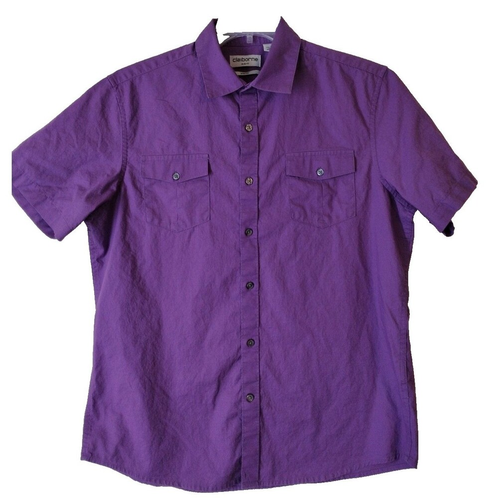 Claiborne Men's Shirt L Purple Slim Fit Stretch Short Sleeve Collar Button Up